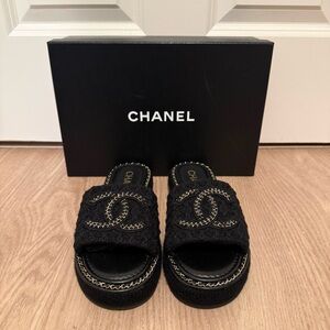 CHANEL Black Tweed Slide Sandals with Gold Chain CC